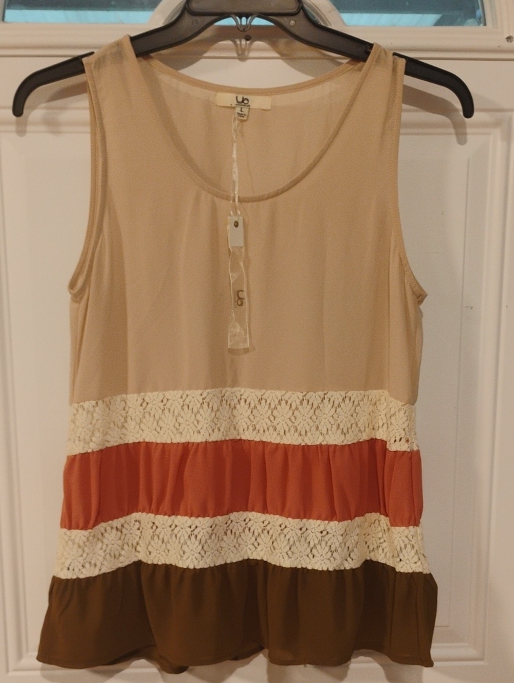 Beige Contrast-Trim Sleeveless Women's Top with Coral and Brown Bands Size Large